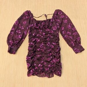 ASTR The Label Dress Floral Mini Long Sleeve Ruched Fuchsia Burnout‎ Women Large